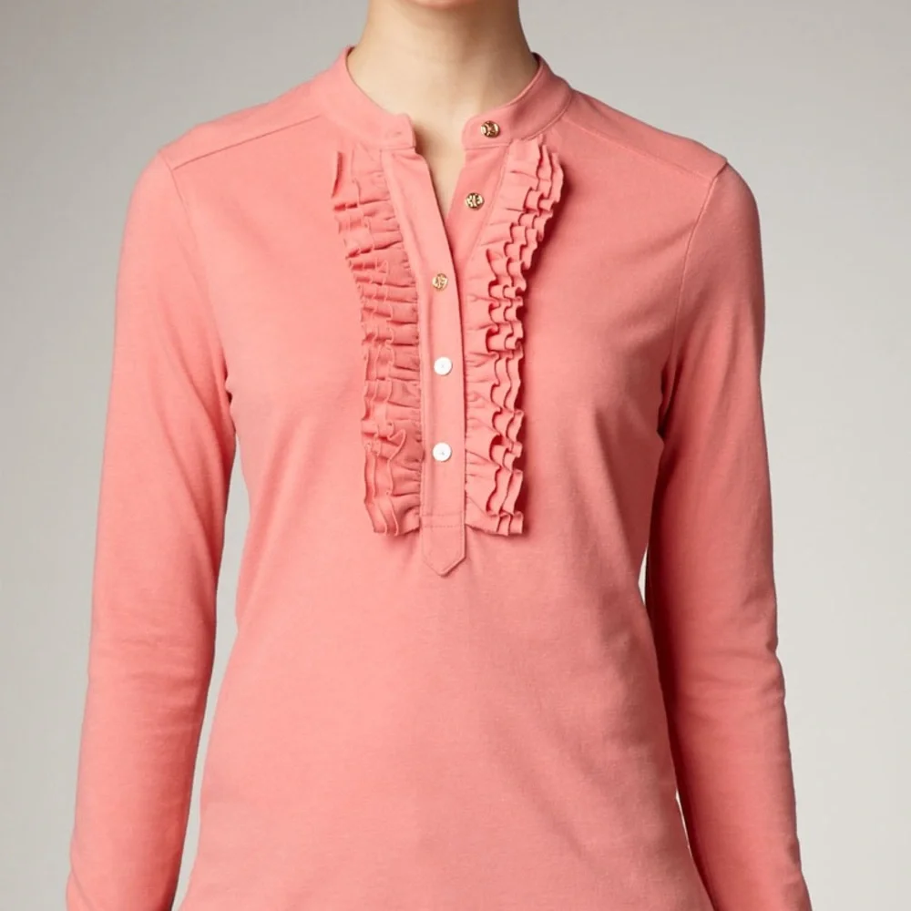 Tory Burch Coral Romilly Polo Long Sleeve Top Ruffled Preppy Chic Size Small